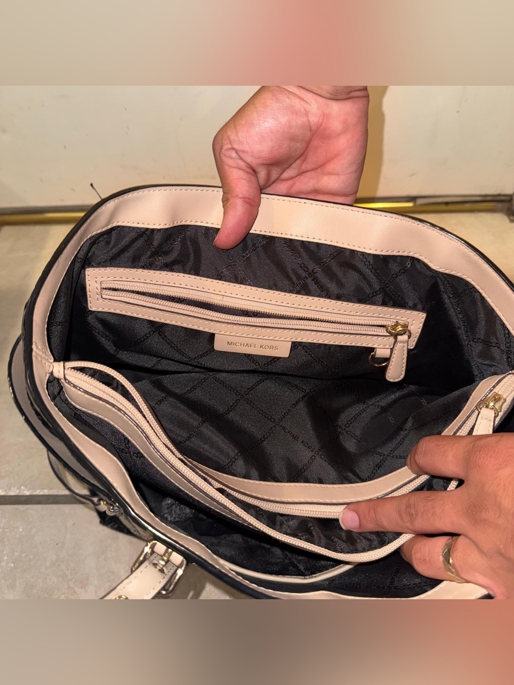Michael Kors Black Patent Tote with Beige Trim and Dual Straps - Picture 6 of 9